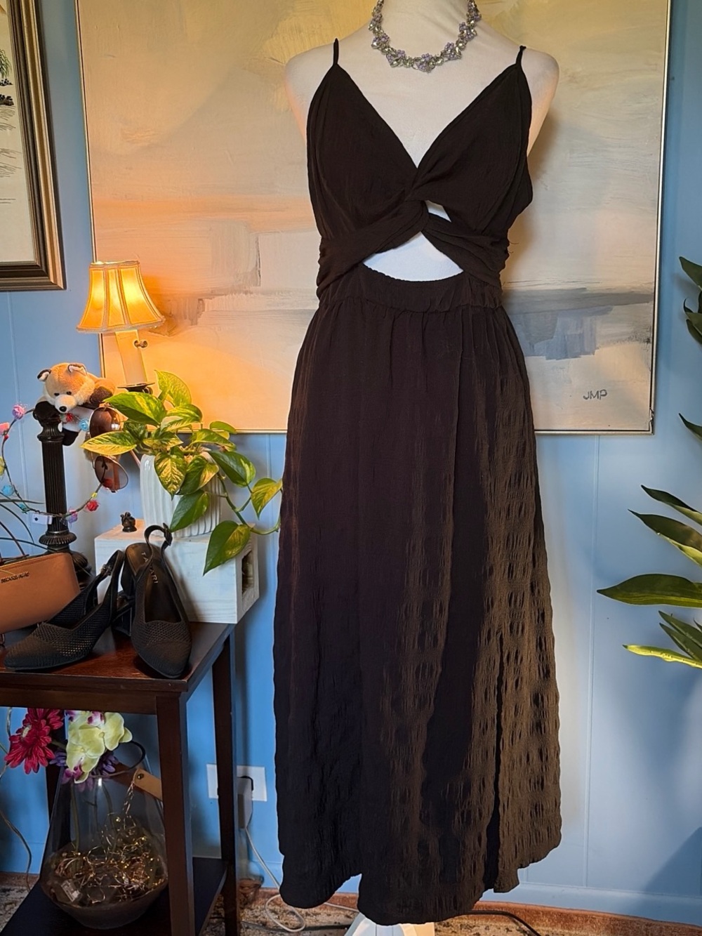 SHEIN Black Twist Front Cutout Spaghetti Strap Maxi Dress